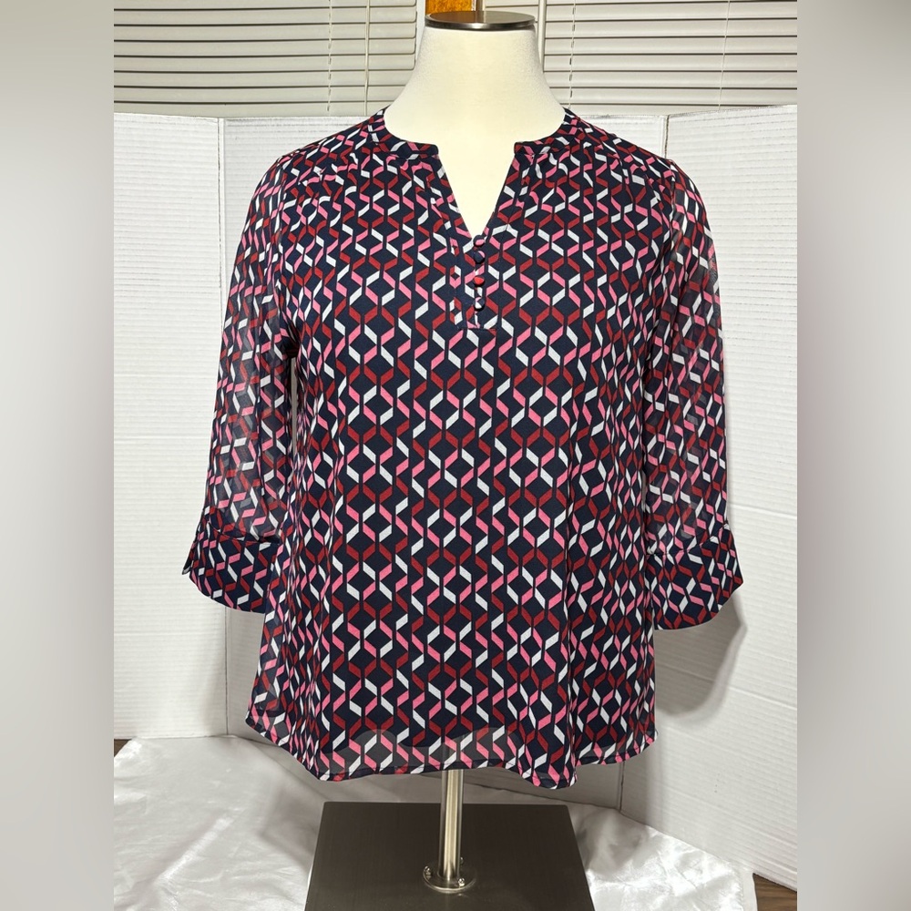 Charter Club XXL Geometric Patterned Top Navy blue pink red whale ye 28”L 24”p2p